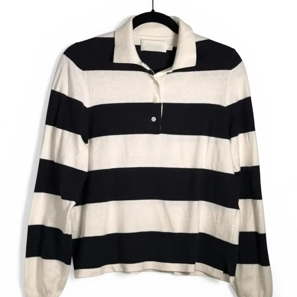 Wyeth Navy White Striped Knit Polo Sweater Cotton Cashmere Womens XS Preppy Top - Picture 8 of 9